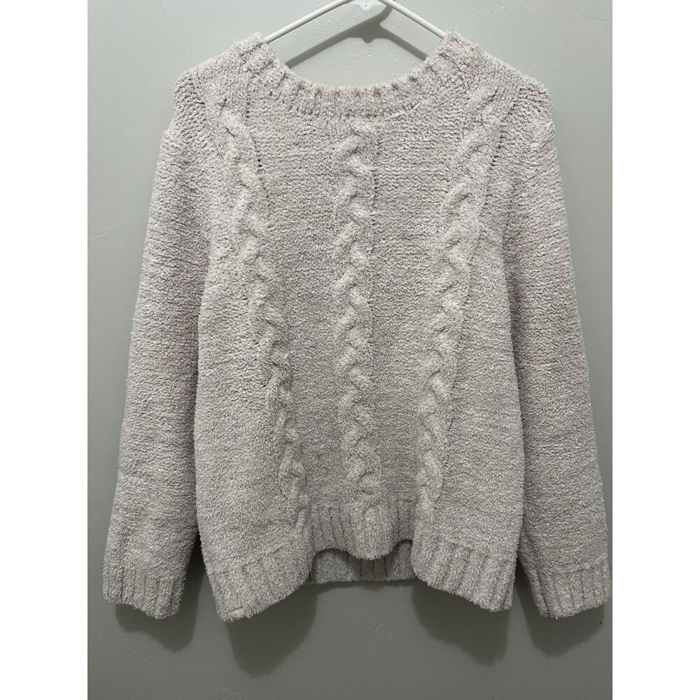 Barefoot Dreams CozyChic Cream Heathered Cable Knit Pullover Sweater Size L